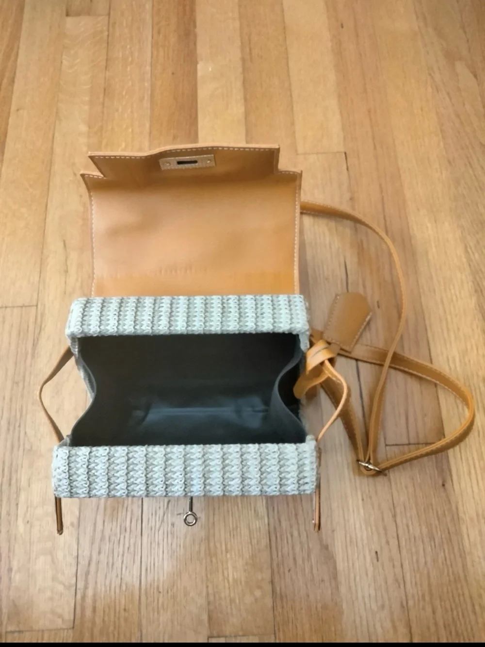 Tan Woven Top-Handle Crossbody Bag with Leather Trim